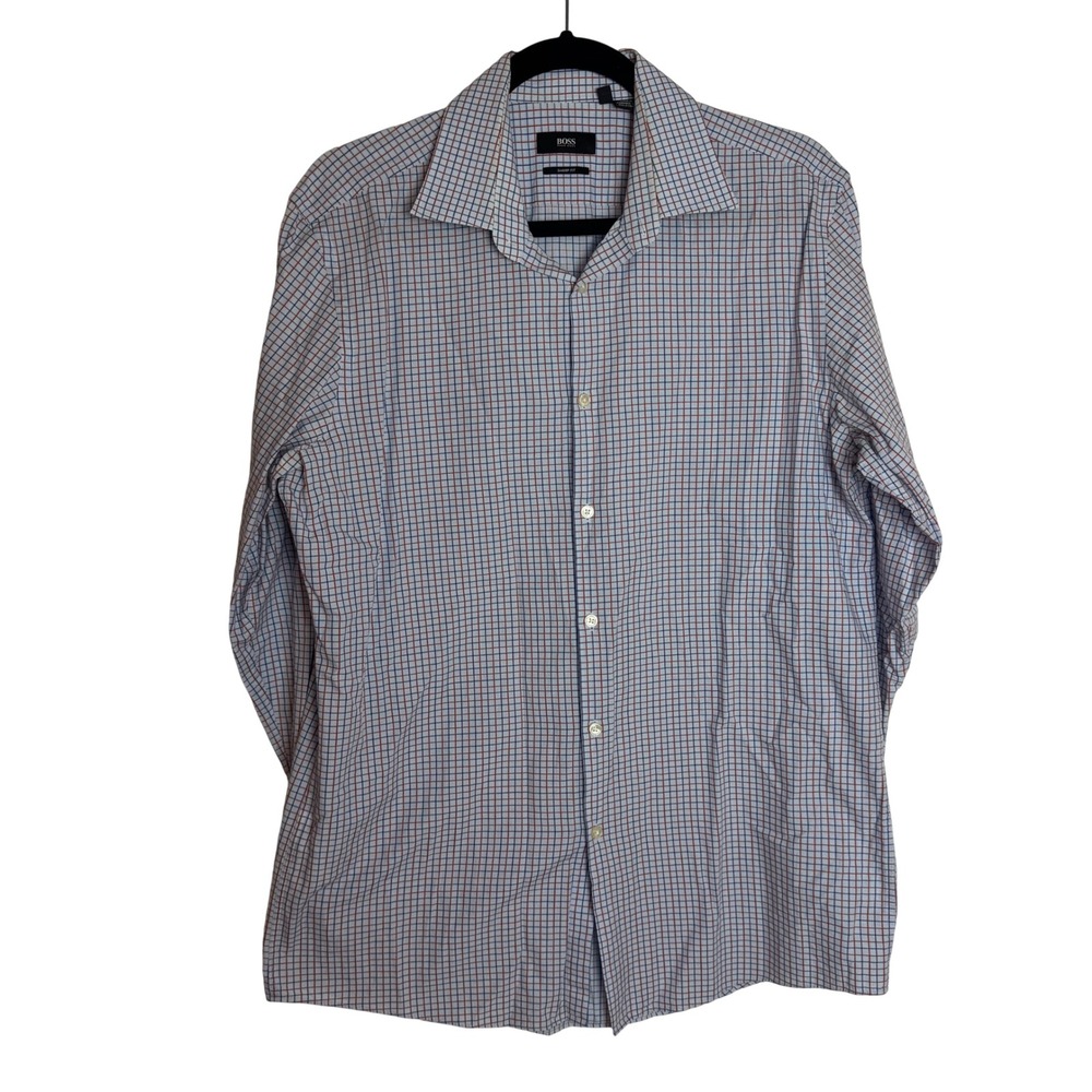 Hugo Boss Sz 16 32/33 Sharp Fit Grid Check Dress Shirt Blue Orange